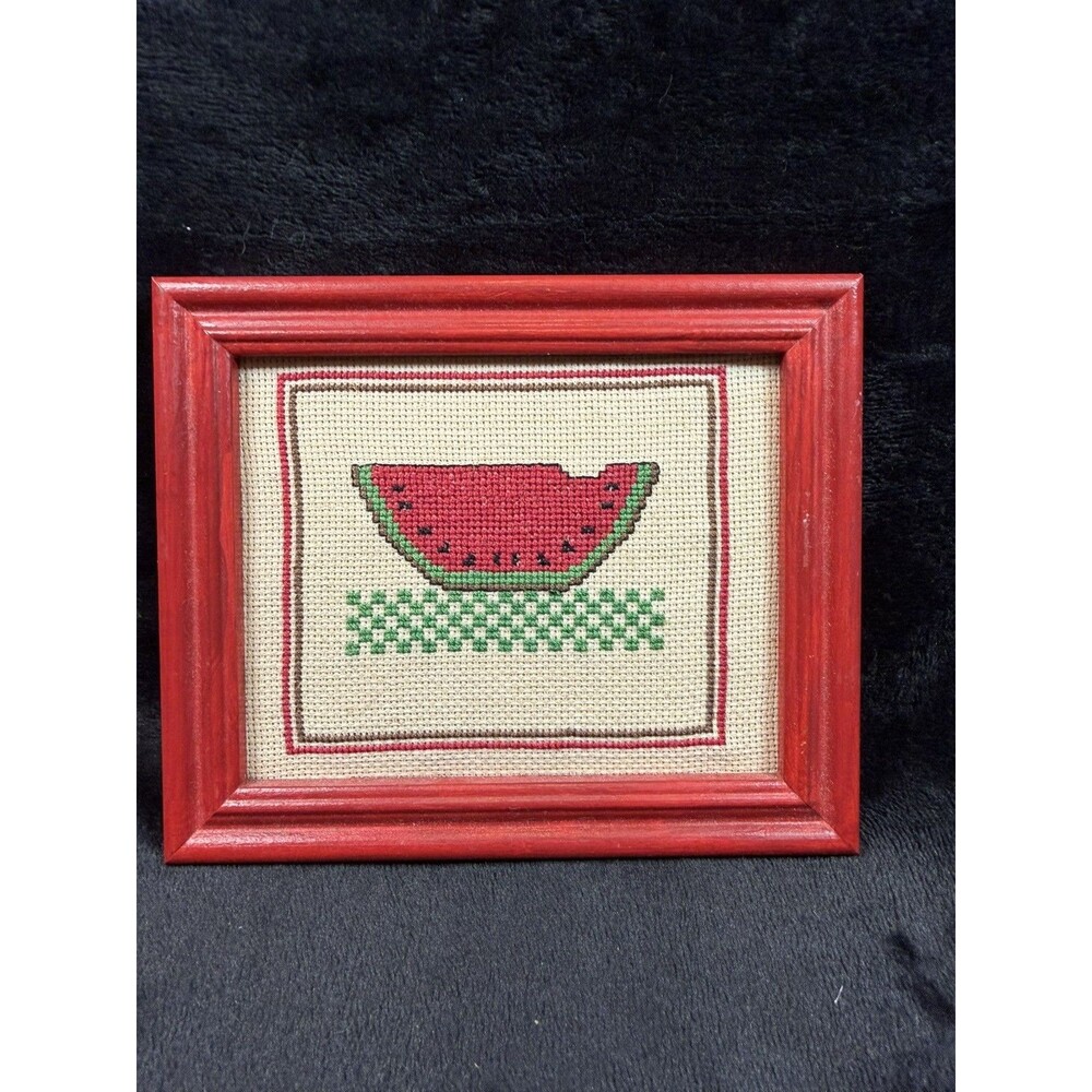 Watermelon Cross Stitch Handmade Framed Needlework Folk Art Kitchen Decor VTG
